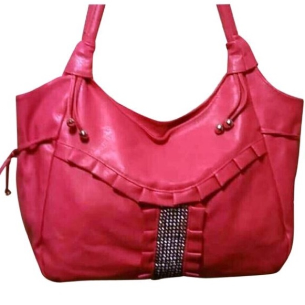 Large Pink Shoulder Bag Purse Rhinestone Accent Ruffle Faux Leather Tote - Picture 2 of 4